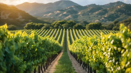A vineyard with rows of green vines and a mountain in the background