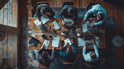The photo shows a group of people sitting around a table having a meeting. They are all wearing casual clothes and look like they are working on a project together. The background is a wooden wall
