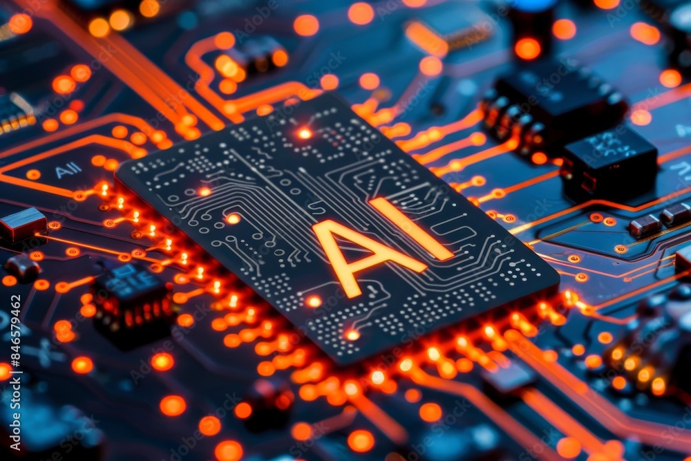 Poster ai microchip with glowing orange circuits, advanced tech hardware, futuristic electronic design