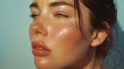 Sun-kissed young white woman close-up portrait with freckles