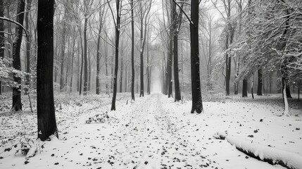 Monochrome winter forest with snow covered trees and fallen leaves