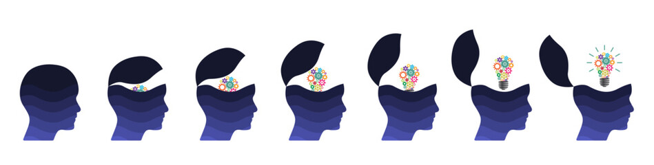 Blue open minded business head set with gear lightbulb. 3d idea concept illustration to use for business, logical thinking, open mind, idea concept projects. 