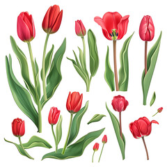 Obraz premium Set of tulip elements isolated on white or transparent background