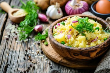 Rustic homemade potato salad on wooden background