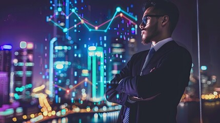 Businessman analyzing market competition. Man in business suit, augmented reality, AR, looking for opportunities, startup, scan, glasses, graphs, charts. Generative by AI
