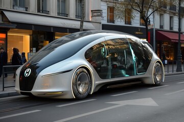 A futuristic autonomous vehicle drives on a city street in Paris.