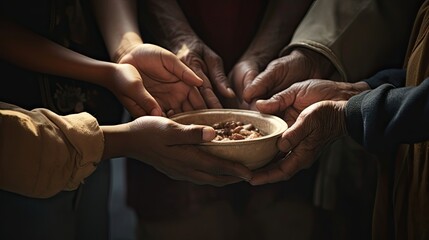 Poor people hold a bowl of soup together. Misery, lack of food, helping those in need, mutual assistance, hunger, homeless people. Life on street concept. Generative by AI