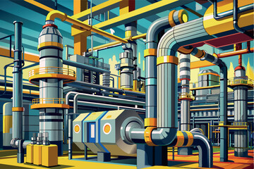 A complex industrial facility with many pipes, ducts and machinery. tanks or reactors painted in blue and silver colors. beams support the structure. Additional industrial equipment is shown in the ba