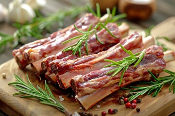 Fresh raw meat ribs with aromatic herbs on wooden board