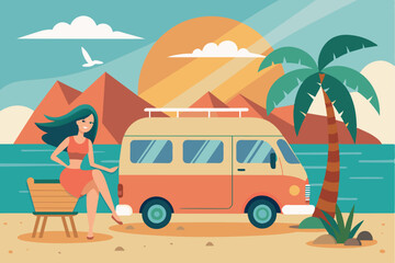 Fototapeta premium A beach scene with a vintage van parked by the shore. A man sits under an umbrella enjoying a drink. The scene includes palm trees, mountains in the background and a hammock strung between two trees.