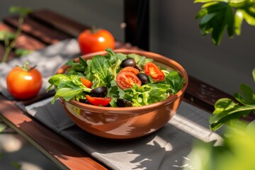 Fresh garden salad on sunny terrace table