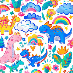 3d rendered photos of kawaii design featuring dinosaurs, clouds, flowers, trees, rainbows and dinosaur patterns. Crayon doodle drawing Artwork made with generative AI