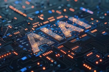 Obraz premium AI text on a glowing circuit board, symbolizing the fusion of artificial intelligence and advanced technology in a digital landscape