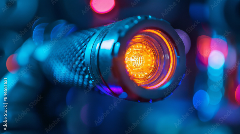 Poster close-up of a futuristic camera lens emitting orange light, surrounded by blue and red bokeh, creati