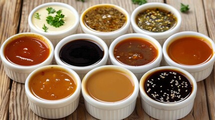 Assortment of diverse sauces in small white bowls on wooden background