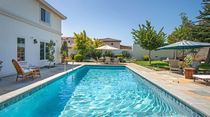 Fototapeta premium A modern house with a swimming pool in the backyard, surrounded by a well-maintained garden, showcasing a relaxed and luxurious lifestyle on a sunny day.