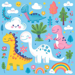 3d rendered photos of kawaii design featuring dinosaurs, clouds, flowers, trees, rainbows and dinosaur patterns. Crayon doodle drawing Artwork made with generative AI