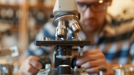 A focused scientist in a white lab coat examines a sample through a microscope in a modern laboratory, surrounded by scientific equipment and blue-tinted lighting.