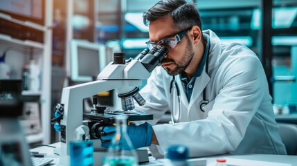 A focused scientist in a white lab coat examines a sample through a microscope in a modern laboratory, surrounded by scientific equipment and blue-tinted lighting.
