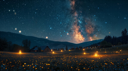 Field of flowers under a starry night sky