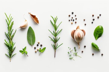 Assorted fresh herbs and spices on white background