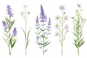 Naklejka premium Variety of colorful wildflowers isolated on white background