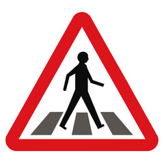 Pedestrian crossing sign with man walking on crosswalk shaped like a triangle