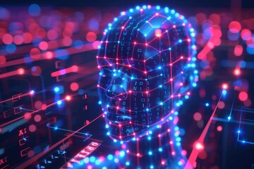 Fototapeta premium Digital human head with glowing connections, symbolizing the intersection of artificial intelligence and human cognition in futuristic technology