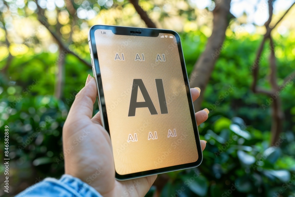 Poster hand holding a smartphone with an ai interface, illustrating the integration of artificial intellige
