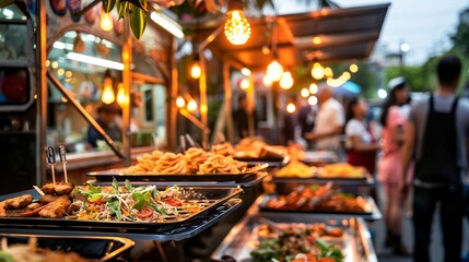 A bustling night market with food trays filled with delicious dishes, illuminated by string lights, and crowded with people enjoying the vibrant atmosphere.