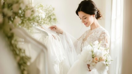 A woman in a lace dress browses through wedding gowns on a rack, smiling and exuding elegance and joy in a bridal boutique. The concept is wedding shopping and bridal fashion.
