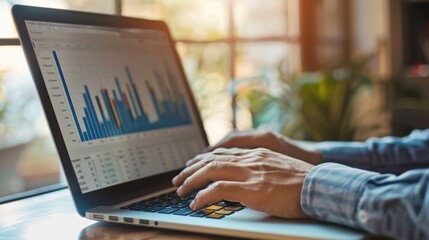A businessman analyzing stock market trends on a laptop, with charts and graphs displayed on the screen.