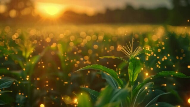 A close-up of a cornfield at sunset, with warm, golden bokeh lights in the background.