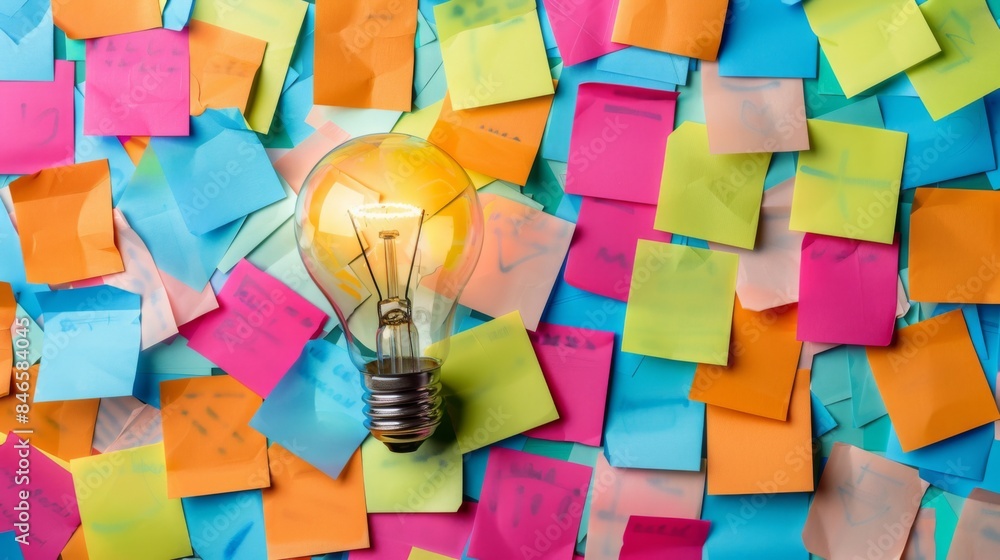 Poster A creative idea concept with a light bulb surrounded by colorful sticky notes, symbolizing brainstorming and innovation.