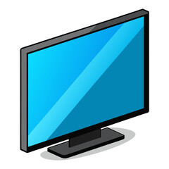 A flat screen TV displaying a blue screen, set against a white backdrop
