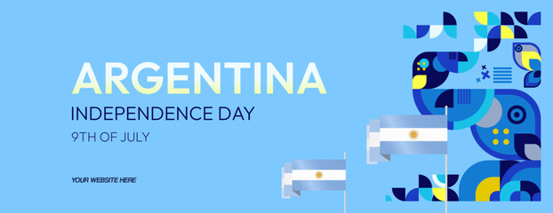 Argentina Independence Day banner in modern geometric style. Wide banner with typography and also country flag. Background for National holiday celebration party. Happy Independence Day of Argentina