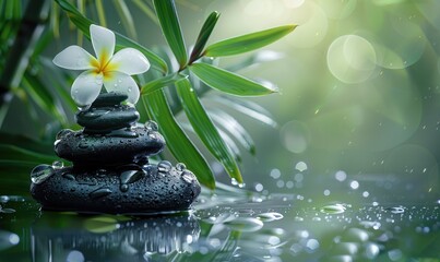 Obraz premium A tranquil spa background with bamboo leaves, frangipani flower, water droplets and balanced black stones stacked on top of each other