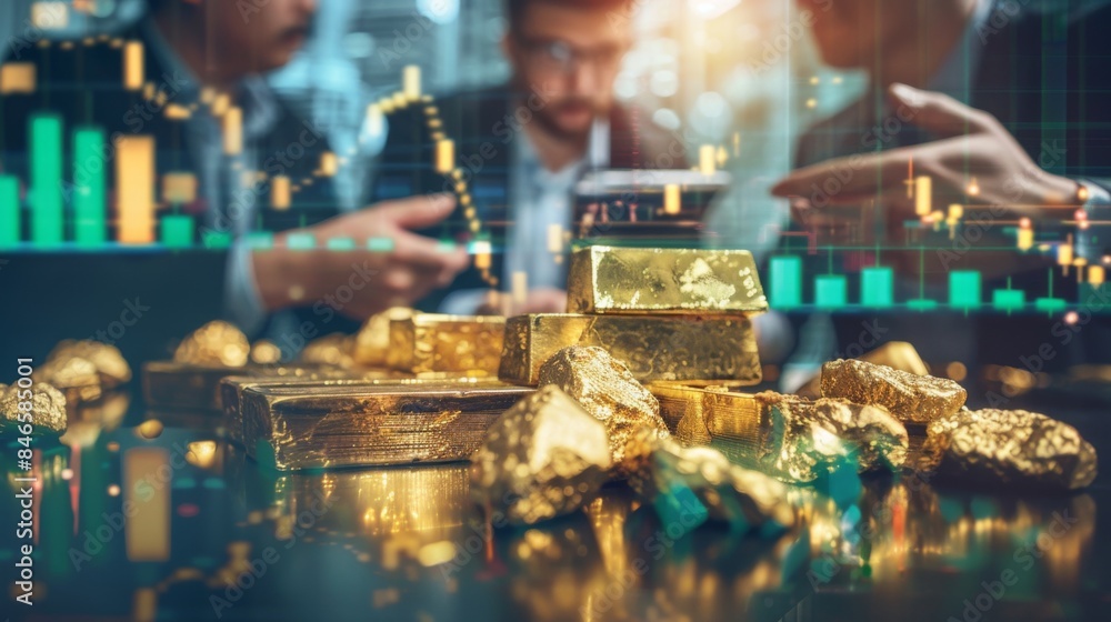 Poster a group of investors discussing gold market dynamics and trading strategies, with charts and graphs 