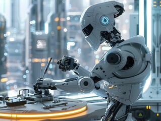 Fototapeta premium Futuristic 3D Robot Technician Meticulously Working on Intricate Mechanical Components in a Sleek Minimalist Workspace Against Sparkling Cityscape