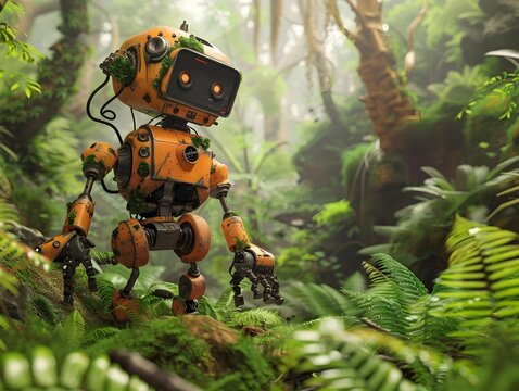 Anthropomorphic Robot Exploring Vibrant Alien Landscape with Lush Vegetation