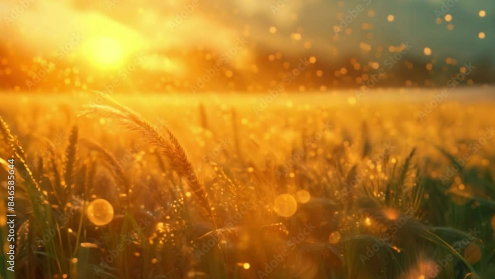 Poster a close-up shot of a field of wheat illuminated by the setting sun, with dew drops sparkling on the 