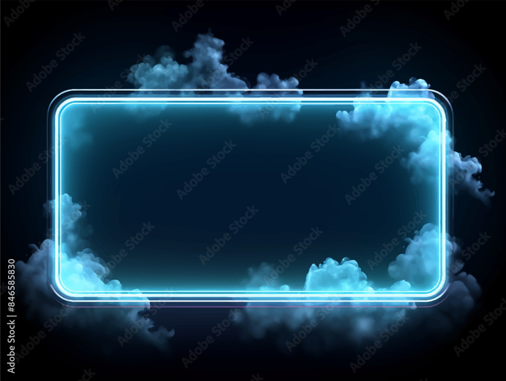 Aufkleber neon rectangle frame or neon lights horizontal sign with fog cloud. vector abstract background, tunn