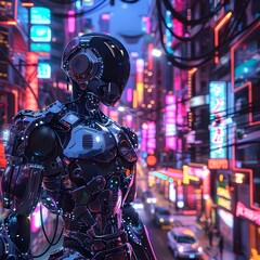 Fototapeta premium Futuristic Chrome Robot Navigates Neon Lit Cityscape