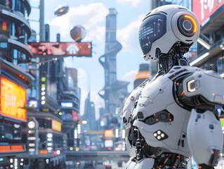 Fototapeta premium An Intelligent Robot Exploring a Futuristic High Tech Urban Landscape with Holographic Displays and Levitating Transport