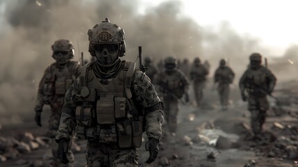 Fototapeta premium Battle Hardened Infantry Soldiers Navigating a Treacherous Post Apocalyptic Wasteland in Gritty Graphic Novel Style