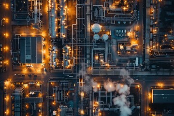 An aerial view of a modern industrial complex at night, showcasing the intricate network of pipes and machinery that power the modern manufacturing process. Generative AI