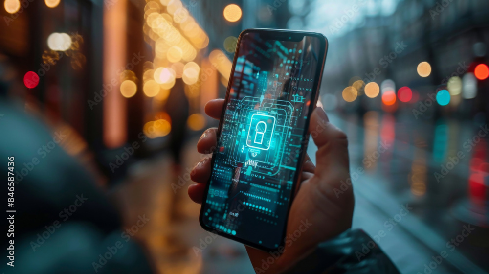 Poster person holding a smartphone displaying a digital padlock icon, representing cybersecurity and data p