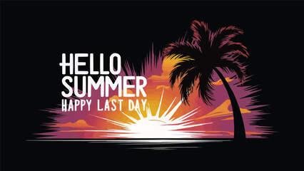 A stunning vector illustration that captures the essence of a warm and vibrant summer day. Against a sleek black background, a vividsunset blazes with hues of orange, pink, and purple. A striking palm