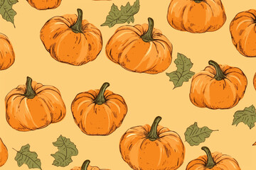 Halloween seamless pattern orange color pumpkins with green leaves on isolated background, illustration style.