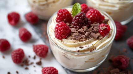 Delicious creamy dessert topped with fresh raspberries, blackberries, and chocolate shavings, served in glass bowls.